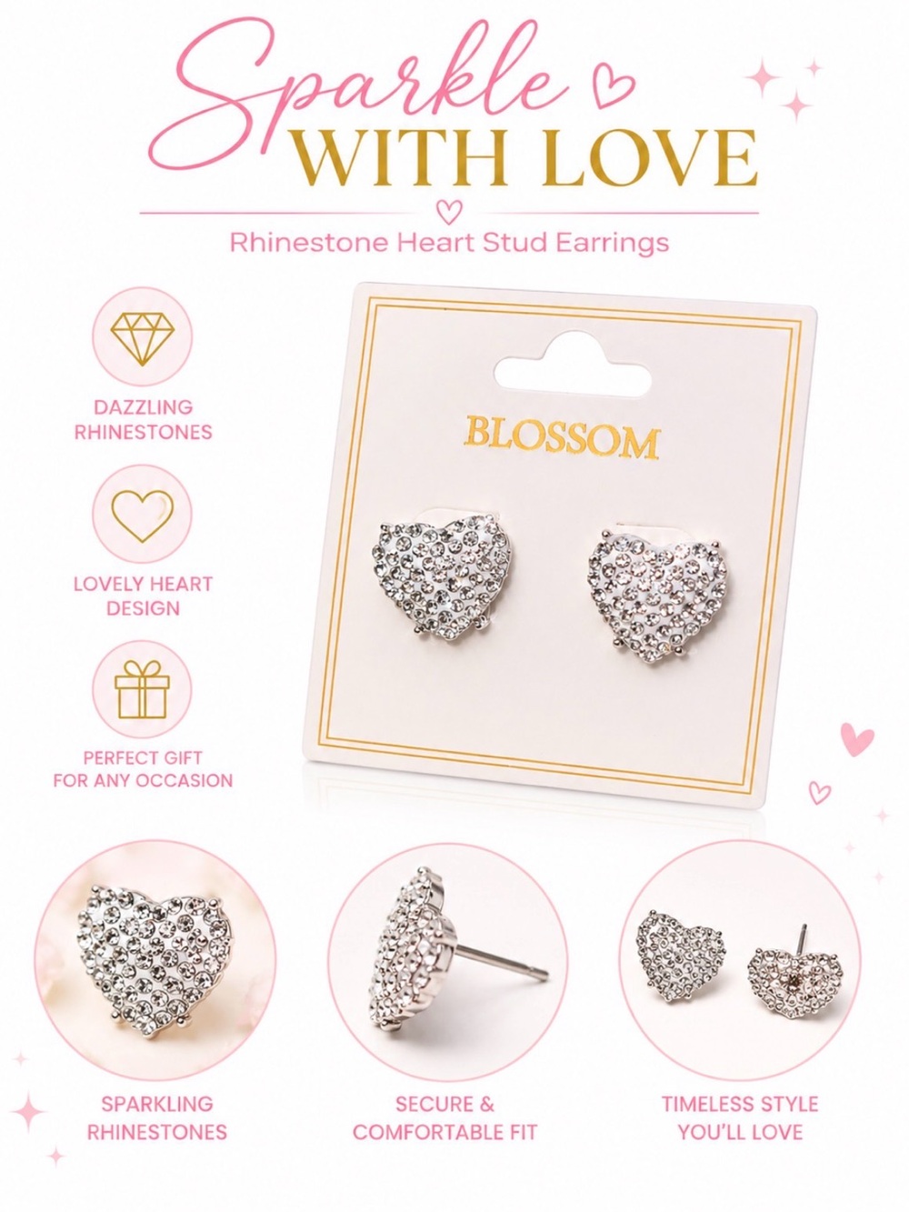 SPARKLE WITH LOVE RHINESTONE ENCRUSTED HEART PIERCED EARRINGS